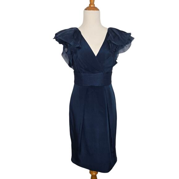 Marchesa Notte Silk Cocktail Dress Teal Flutter Sleeves Gathered Women 6 - Picture 1 of 12